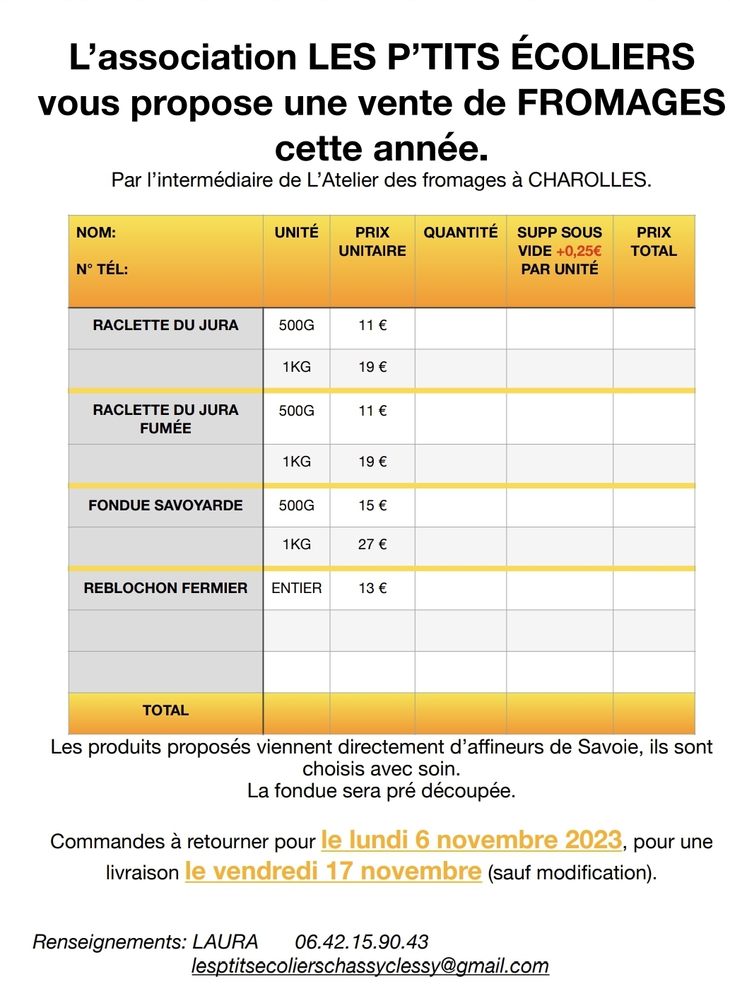 Vente de fromage par LES P'TITS ECOLIER de Chassy et Clessy